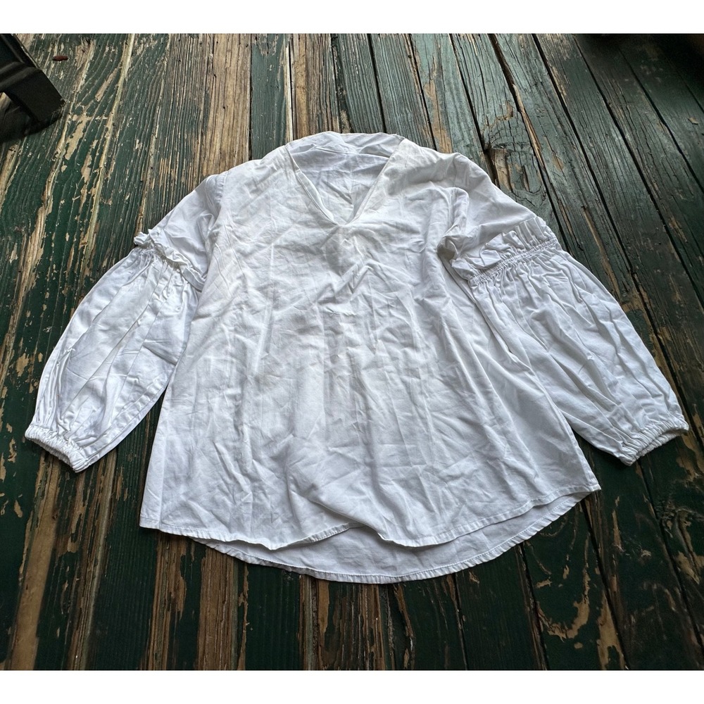 White V-Neck Balloon Sleeve Ruffle Smocked Blouse Top A4454